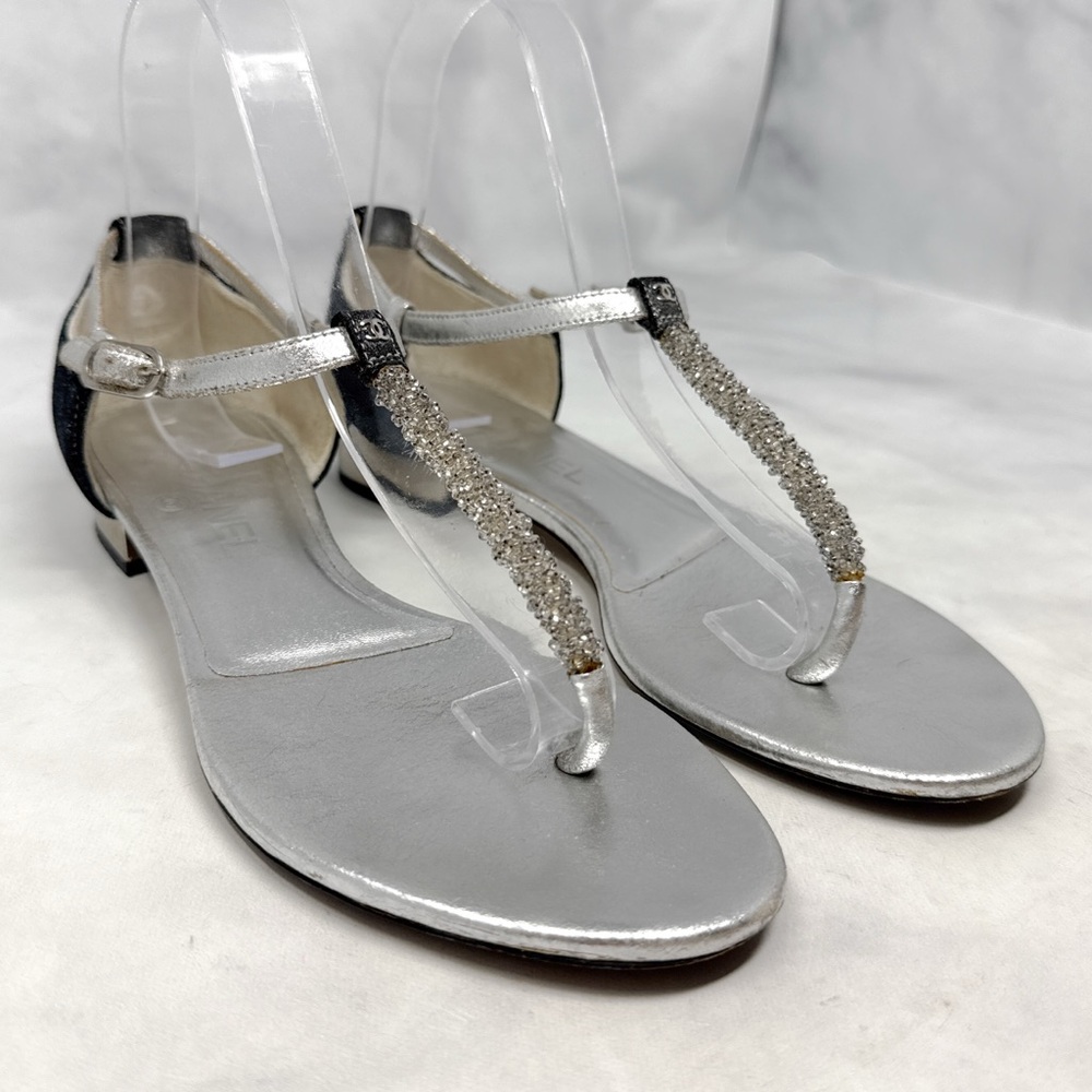 CHANEL Vintage Y2K CC Coco Mark Leather Flat Mirror Heel Sandal Shoes Metallic - Picture 3 of 14